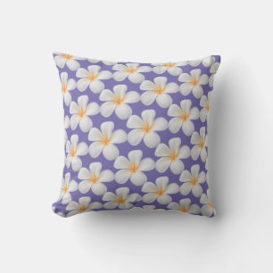 White Frangipani Plumeria Flowers on Periwinkle Cushion
