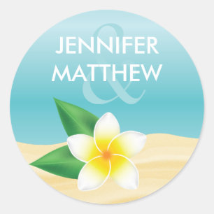 White Frangipani Tropical Flower Beach Wedding Classic Round Sticker