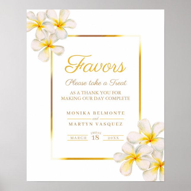 White frangipani tropical wedding favours poster (Front)
