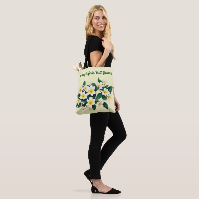 White Frangipani Watercolor Flower Tote Bag (On Model)