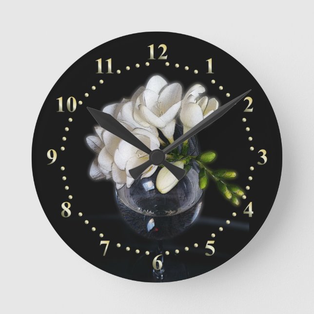 white freesia in a glass round clock (Front)