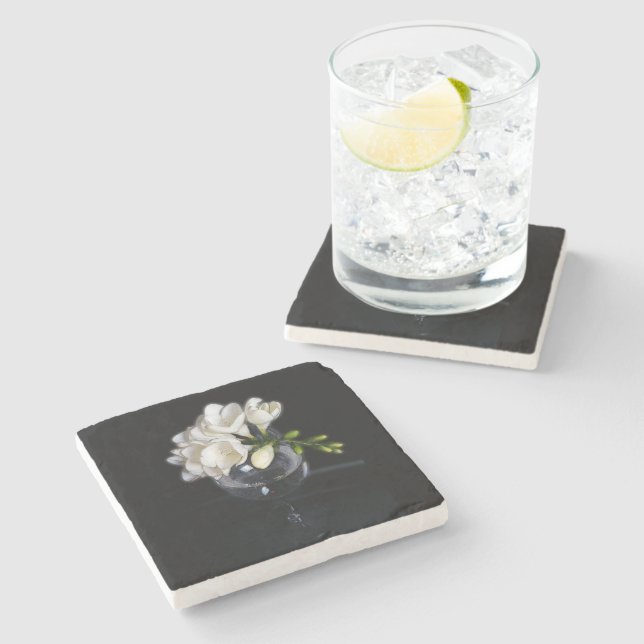 white freesia in a glass stone coaster (Side)