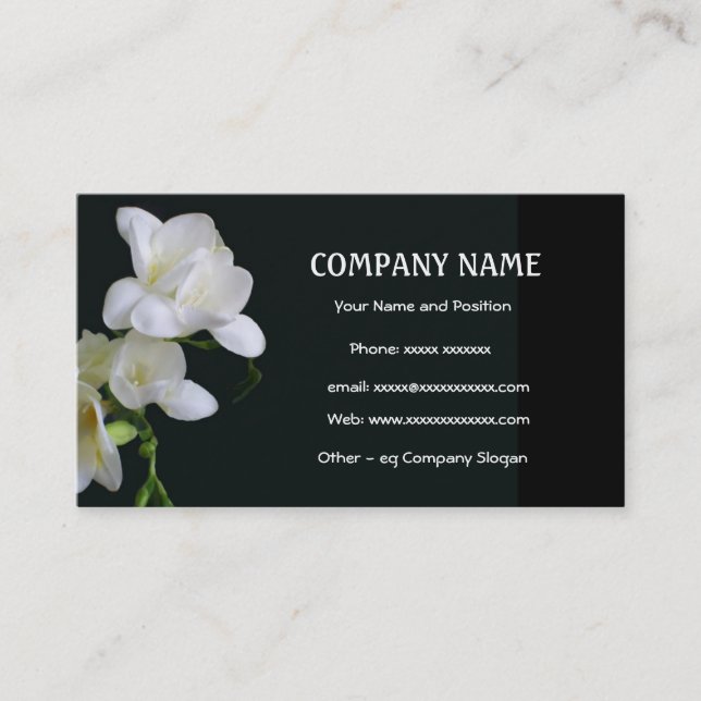 White Freesia on Black Business Card (Front)