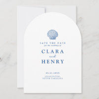White French Blue Seashell Save the Date