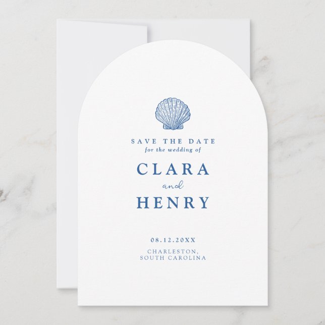 White French Blue Seashell Save the Date Invitation (Front)
