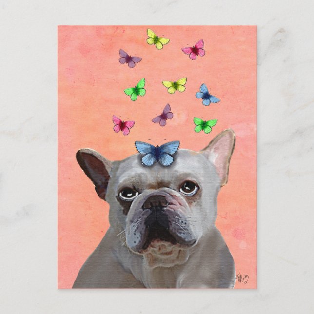 White French Bulldog and Butterflies Postcard (Front)