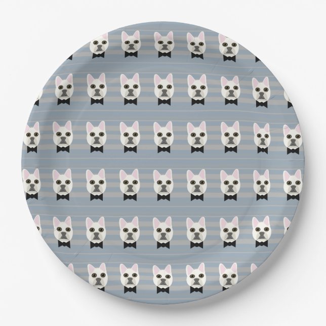 White French Bulldog, Stripes Paper Plate (Front)