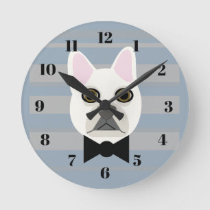 White French Bulldog, Stripes Round Clock