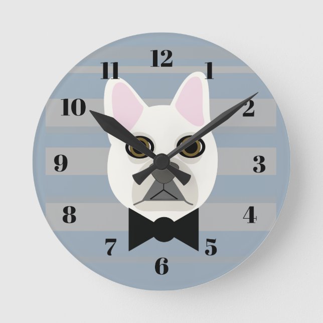 White French Bulldog, Stripes Round Clock (Front)