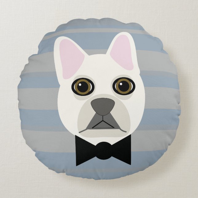 White French Bulldog, Stripes Round Cushion (Front)