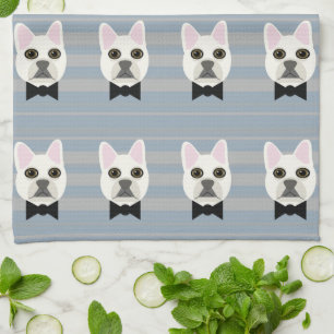 White French Bulldog, Stripes Tea Towel
