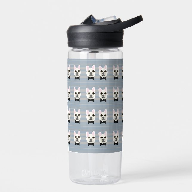 White French Bulldog, Stripes Water Bottle (Left)