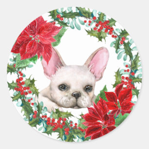 White Frenchie Poinsettia Holly Berry Wreath Classic Round Sticker