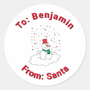 White From Santa Custom Name Snowman Snowflakes Classic Round Sticker