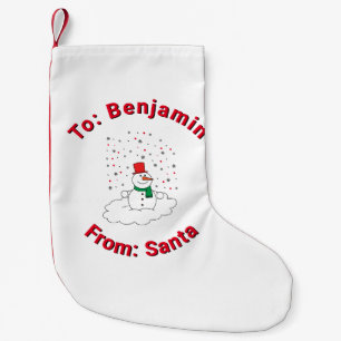 White From Santa Custom Name Snowman Snowflakes Small Christmas Stocking