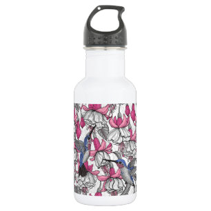 White fuchsia and hummingbirds 532 ml water bottle