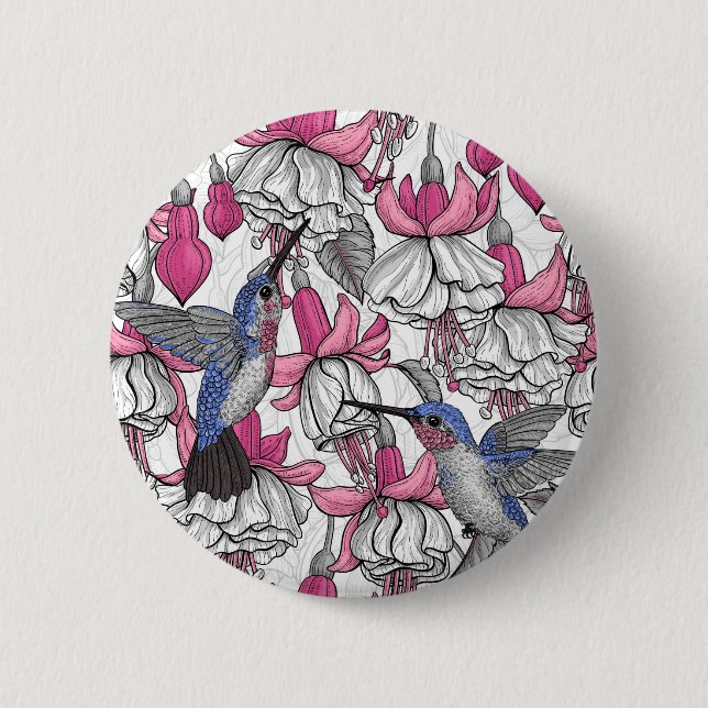White fuchsia and hummingbirds 6 cm round badge (Front)