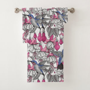 White fuchsia and hummingbirds bath towel set