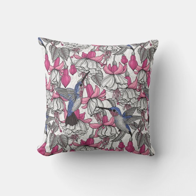 White fuchsia and hummingbirds cushion (Front)
