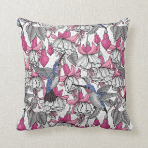 White fuchsia and hummingbirds cushion