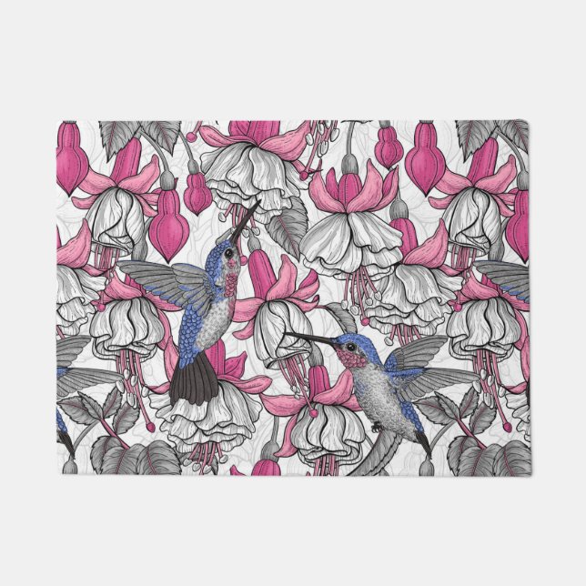 White fuchsia and hummingbirds doormat (Front)
