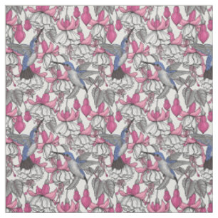 White fuchsia and hummingbirds fabric