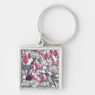 White fuchsia and hummingbirds key ring