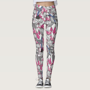 White fuchsia and hummingbirds leggings