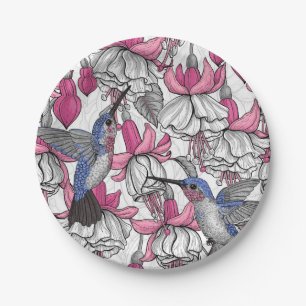 White fuchsia and hummingbirds paper plate