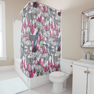White fuchsia and hummingbirds shower curtain
