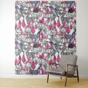White fuchsia and hummingbirds tapestry