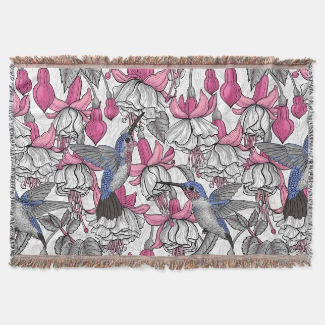 White fuchsia and hummingbirds throw blanket (Front)