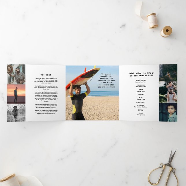 White Funeral service monotone custom photos Tri-Fold Programme (Inside)