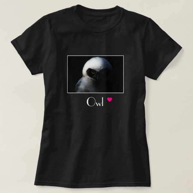 White Fuzzy Owl with Piercing Gaze T-Shirt (Design Front)