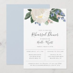 White Garden Floral Light Blue Rehearsal Dinner Announcement