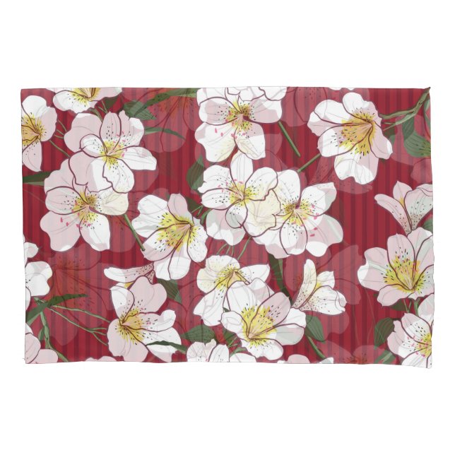 White Garden Flowers: Vintage Stripe Pillowcase (Front)