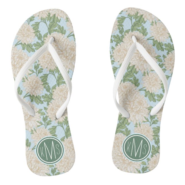 White Garden Mum Flower Pattern Flip Flops (Footbed)