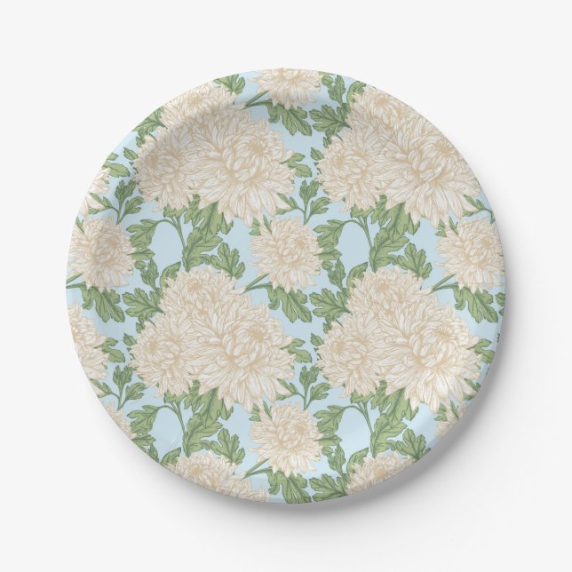 White Garden Mum Flower Pattern Paper Plate (Front)