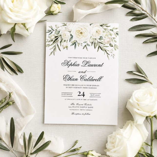White Garden Roses Wedding Invitation (White garden roses meet timeless elegance in this luxury wedding invitation.)