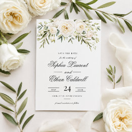 White Garden Roses Wedding Save the Date Invitation
