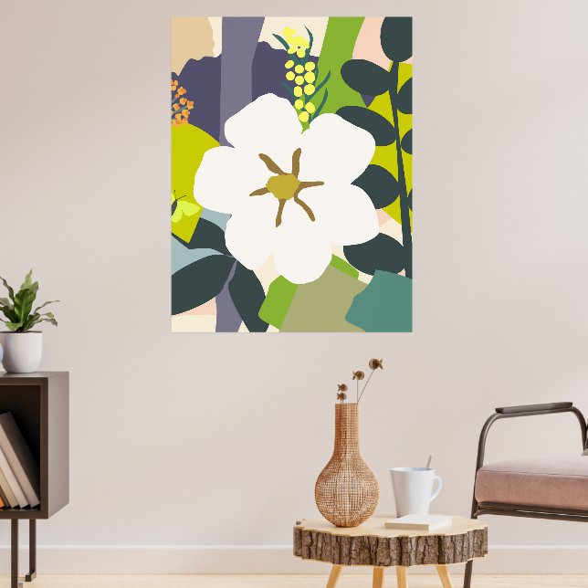 White Gardenia Abstract Florals Colour Block Moder Poster (Living Room 3)