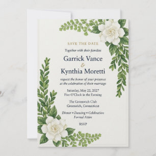 White Gardenia, Boxwood & Fern Botanical Elegant Invitation