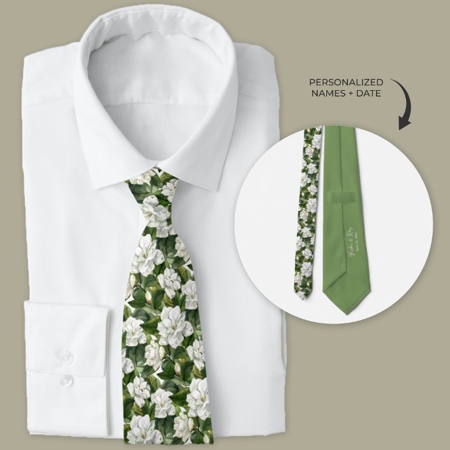White Gardenia Floral Personalised Tie (White gardenia wedding floral necktie.)