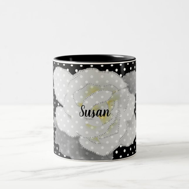  White Gardenia Flower Black White Polka Dot Two-Tone Coffee Mug (Center)