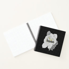 White Gardenia Flower on Black and White Polka Dot Notebook