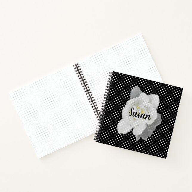 White Gardenia Flower on Black and White Polka Dot Notebook (Inside)