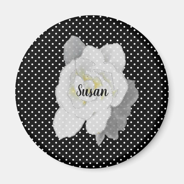 White Gardenia Flower on Black White Polka Dots Magnet (Front)