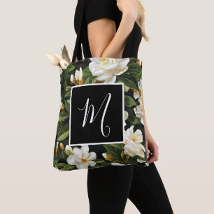 White gardenia flowers and green leaves tote bag