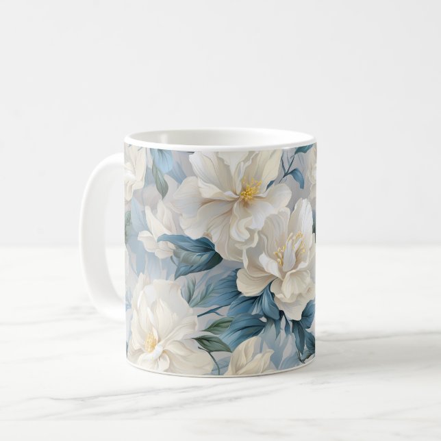 White Gardenia Flowers Pattern Coffee Mug (Front Left)