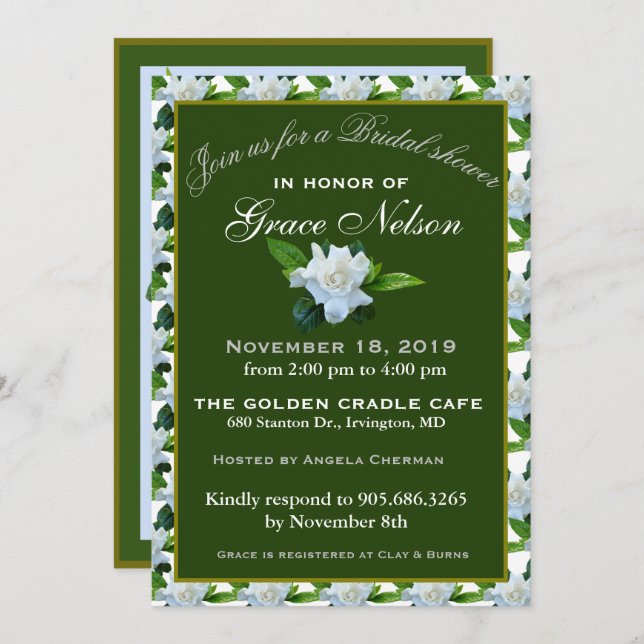 White Gardenia Green Foliage Bridal Shower Invitation (Front/Back)